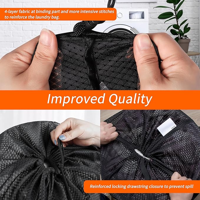 Polecasa Extra Heavy Duty Large Diamond Mesh Laundry Bags with Drawstring Closure & ID Tag, 24 x 36 inches Washable Storage Bag for College, Travel, Sports, Dorms, Black