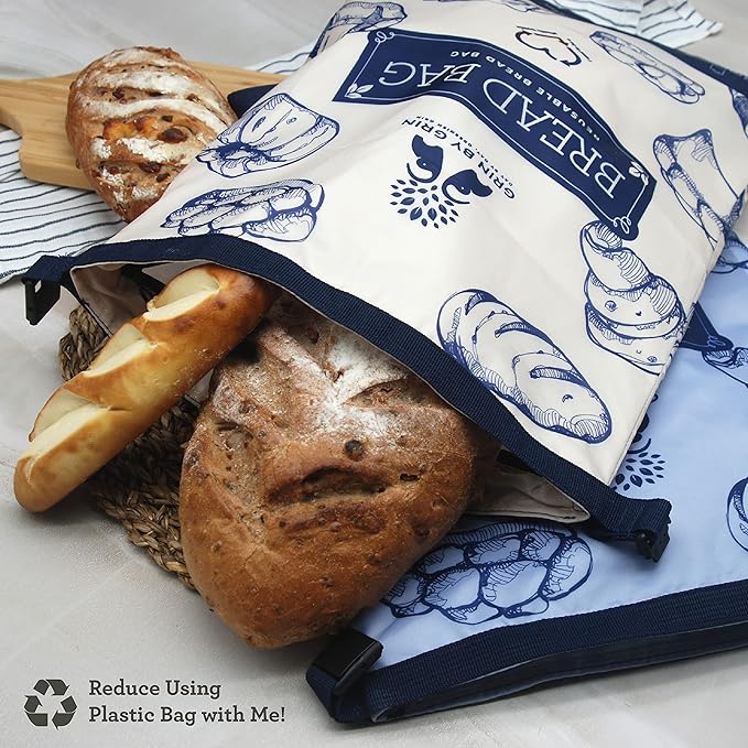 GRIN BY GRIN- Bread Bags 2 Pack Reusable Zipper Bags for Homemade Bread Sourdough Extra Large Freezer Storage