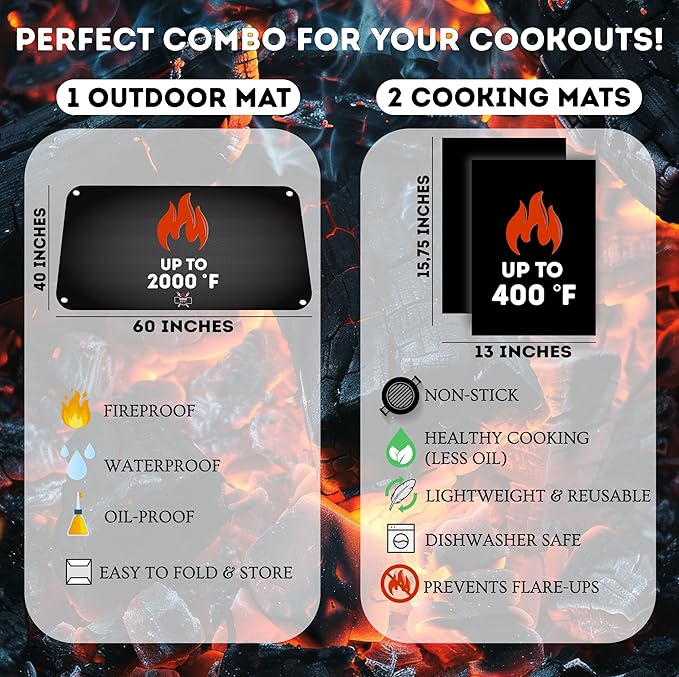 COOKNEST Grill Mat Set – 60"x40" Under Grill Mat for Outdoor Grill + 2 BBQ Cooking Mats, Heat-Resistant Silicone, Includes Stakes & Bag – Use on All Surfaces