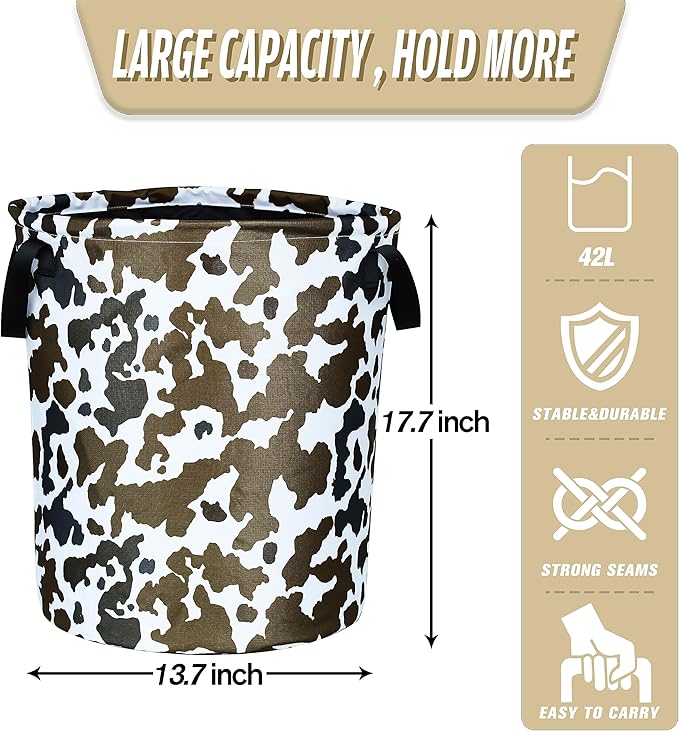Cow Texture Laundry Basket Brown Black Print Foldable Oxford Cloth Funny Tote Bag Laundry Hamper Clothes Storage Bucket Organizer For Bathroom/Laundry Storage/Bedroom 17.7x13.7 Inch