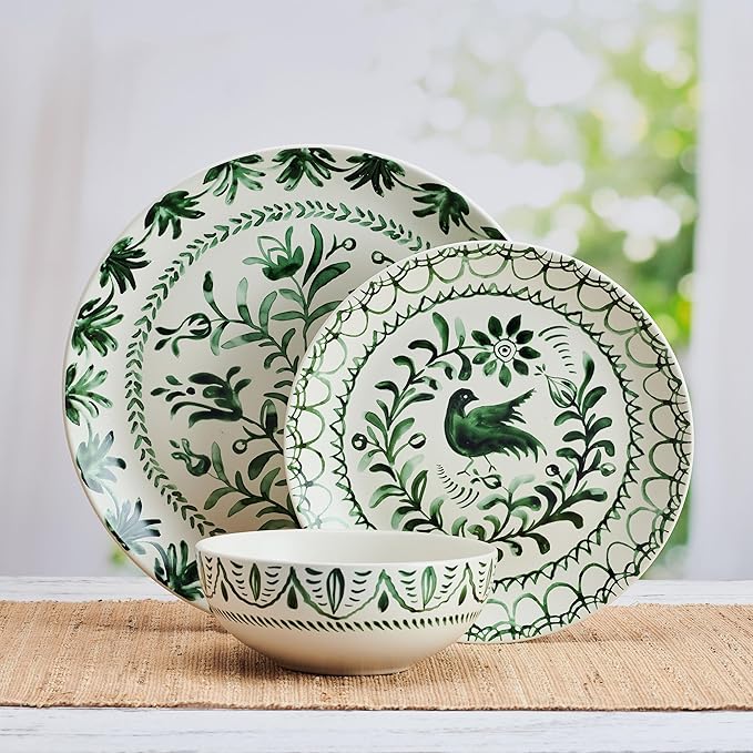 Fitz and Floyd Sicily Green 12-Piece Dinnerware Set - Stoneware Plates and Bowls Set for 4, Floral Green and White Dish Set, Microwave and Dishwasher Safe
