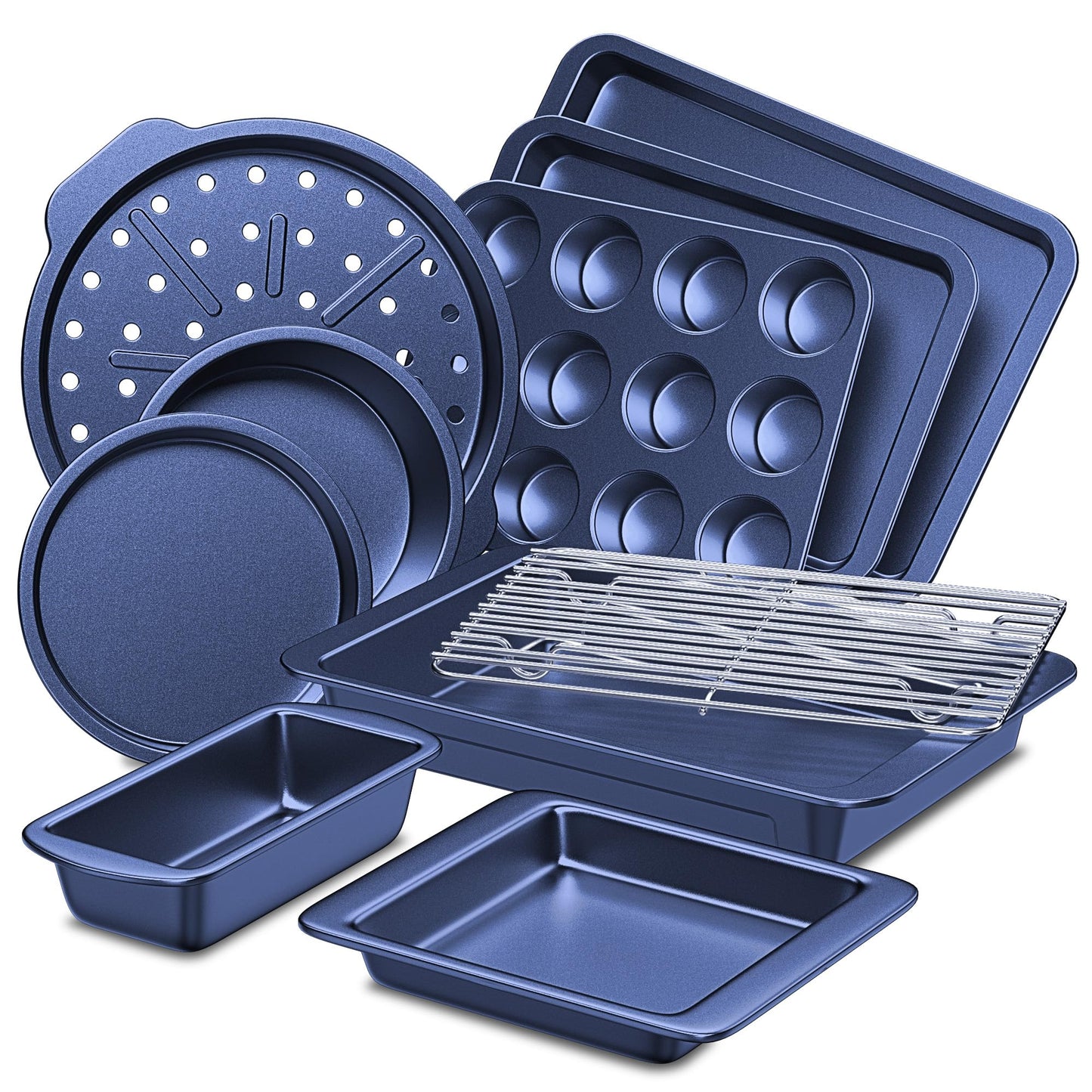 HONGBAKE Bakeware Sets, Baking Pans Set, 12 Pieces Nonstick Oven Pan with 120 Muffin Liners for Kitchen, Wider Grips, Including Rack, Cookie Sheet, Cake, Loaf, Muffin, Pizza Pan - Champagne Gold