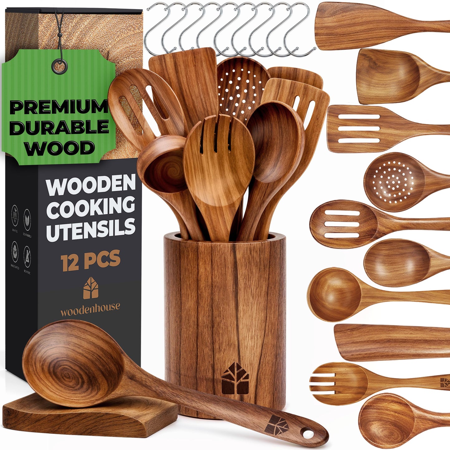 Wooden Utensil Set, 8 Pcs Teak Wooden Spoons for Cooking with Holder