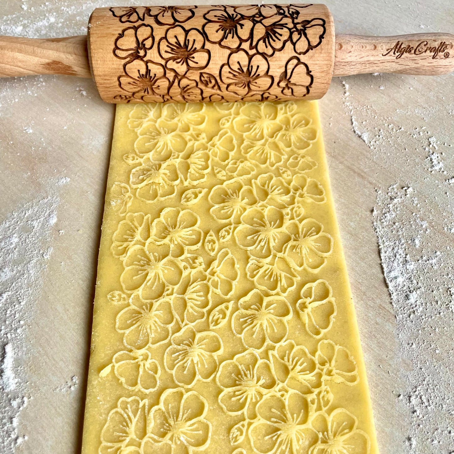SEASONS 3 Mini Embossed Rolling Pin Set. Wooden Laser Cut Mini Rolling Pins for cookies or clay with spring flowers, tulips, daffodils, strawberries, raspberries, birch, trees by Algis Crafts