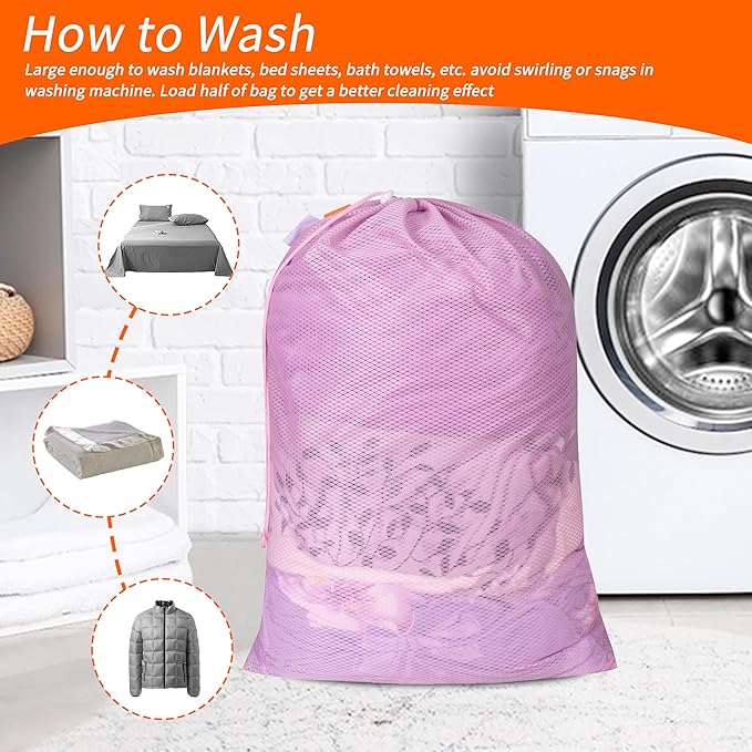 Polecasa Heavy Duty Diamond Large Mesh Laundry Bag with ID Tag and Locking Drawstring Closure - 24 x 36 inches - Laundry Hamper Liner, Washable Laundry Bags for Travel, Sports, Dorms (Pink)