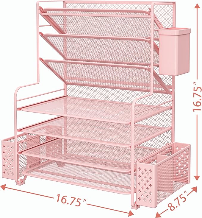 Simple Trending 7 Tier Desk File Organizer, Letter Tray Paper Organizer with Pen Holder and Metal Hanging Basket, Pink