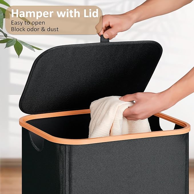Slim Laundry Basket with Lid, Narrow Dirty Clothes Hampers for Laundry with Handle, Skinny Laundry Bin for Laundry Room, Dorm, Bedroom and Bathroom, 26.4 Gallon (100L) Black