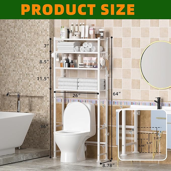 4-Tier Over The Toilet Storage Cabinet, Space Saver Over Toilet Bathroom Organizer and Storage, Metal Shelves for Bathroom/Living Room/Laundry/Balcony, White