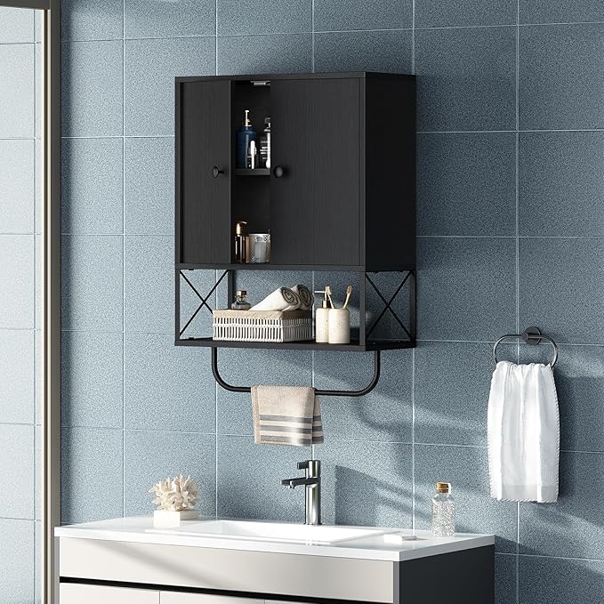Bathroom Wall Cabinet with 2 Door and Adjustable Shelf, Farmhouse Medicine Cabinet with Towel Rack, 3-Tier Wall Mounted Storage Cabinet Over The Toilet for Bathroom, 18.9" L, Black