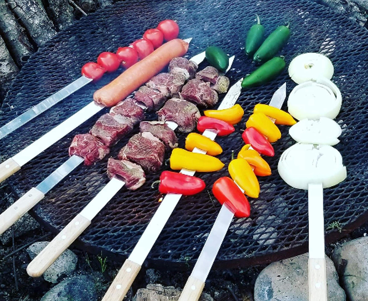 G & F Products BBQ Skewers, 23" Flat Stainless Steel Metal Kabob Skewers with Wooden Handles, Reusable 8-Piece Set with Storage Bag for Grilling Meat, Vegetable & Shish Kebab