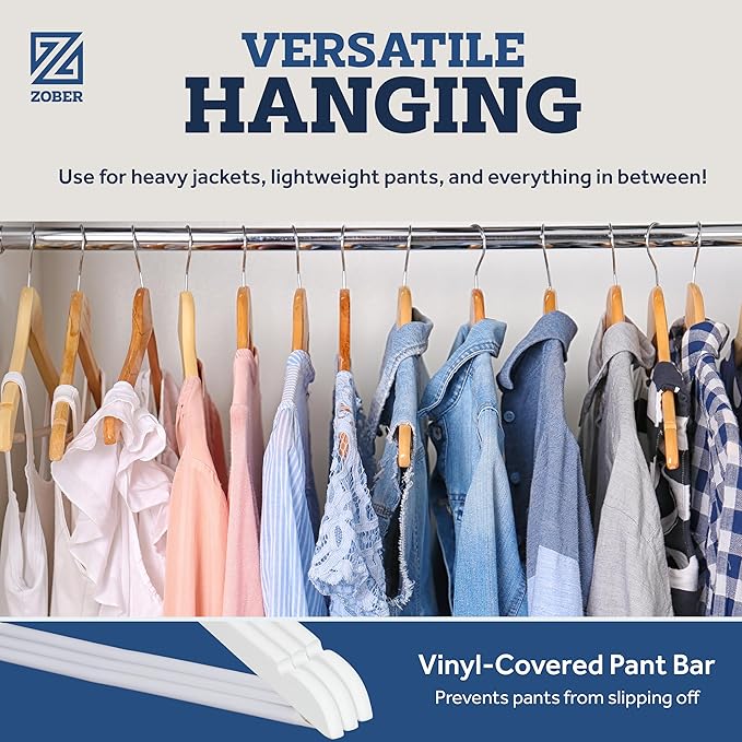 ZOBER White Wooden Hangers - Heavy Duty, Non Slip Wood Hangers for Coats, Jackets, Suits, & Pants - Coat Hangers for Closet W/Bar and Notches 20 Pack