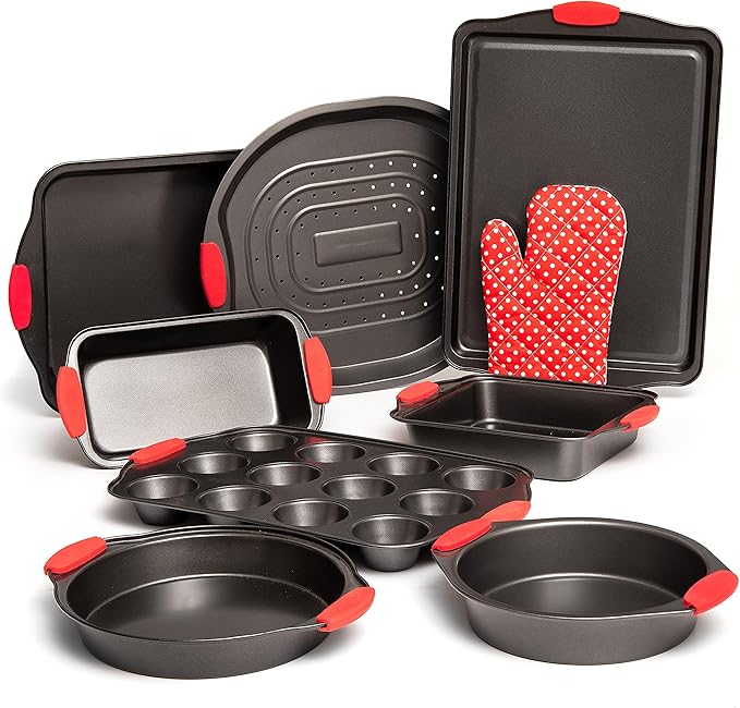 Moss & Stone 5 Piece Baking Pans Set, Carbon Steel Non-Stick PTFE Coating Oven Safe Baking Sheet Set, Bakeware Set With Heat Red Glove, Cookie Sheets For Baking Nonstick Set