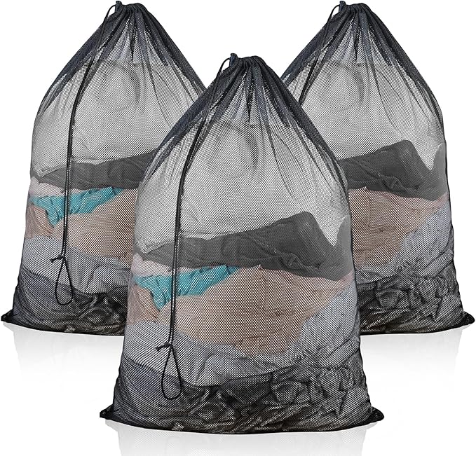 3 Pack Large Mesh Laundry Bag, 24 x 36 Inch Mesh Wash Bag with Drawstring Closure, Delicates Bag for Washing Machine - Perfect for College Dorms, Travel, Laundromats, Apartments (Black)