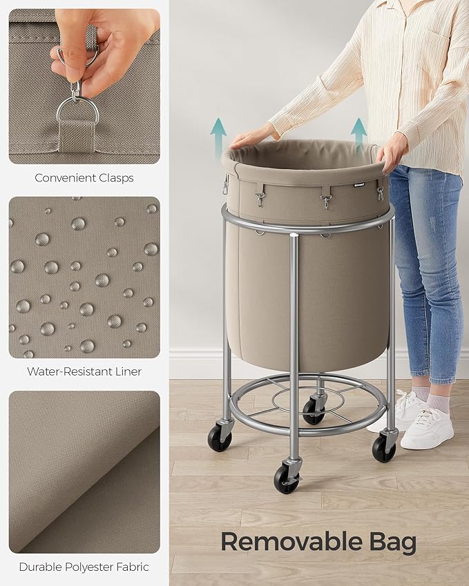 SONGMICS 29-Gallon (110 L) Laundry Basket with Wheels, Rolling Round Heavy-Duty Laundry Hamper Cart with Steel Frame and Removable Bag, 2 Locking Wheels, Camel Brown and Metallic Silver URLS002N01