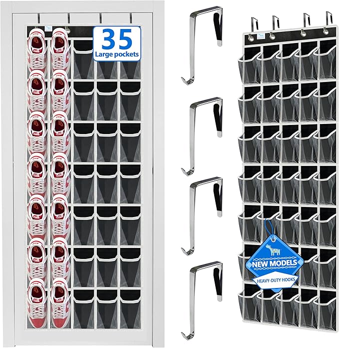 over the door shoe organizer,2025 upgraded,over door shoe organizer,35 Huge clear pockets,Store size 13 shoes,shoe organizer,Strong material,hooks Suitable for various doors,Black