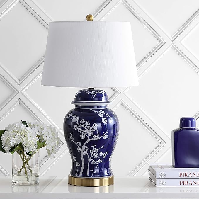 JONATHAN Y Gracie Ceramic Ginger Jar Table Lamp 29.5", White/Navy