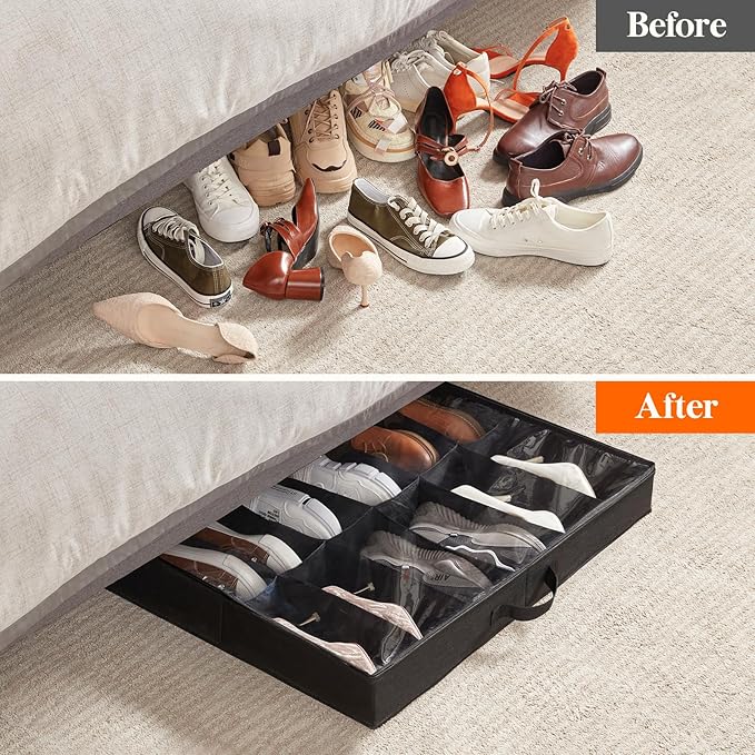 Lifewit Under Bed Shoe Storage Organizer 1 Pack(12 Pairs), 4.3" Tall Fabric Shoes Container Box, Foldable Closet Shoe Bag with 2 Reinforced Handles and Clear Cover, Black