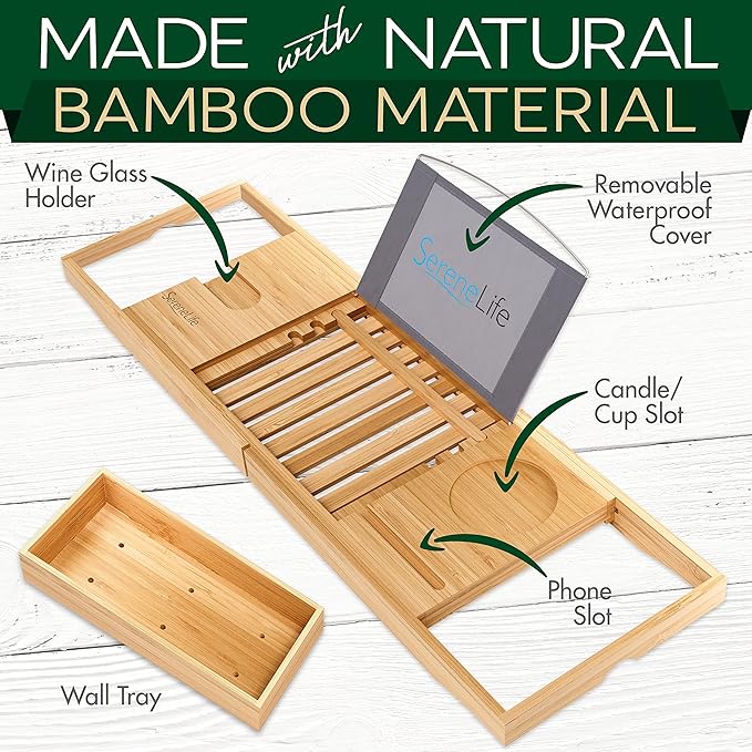 SereneLife Premium Bathtub Tray Caddy, Expandable Bath Tray, Unique House Warming Gifts, Gift for Mom, Women, New Home, Wedding, Anniversary, Bridal Shower, Universal Fit for All Tub - Classic