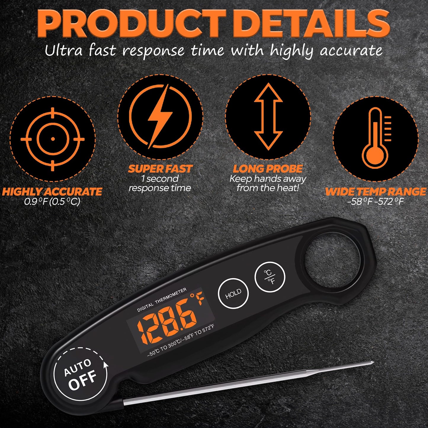 Instant Read Food Thermometer Rechargeable Meat Thermometer Digital Kitchen Thermometer - Fast & Accurate Food Thermometer for Cooking, Grill Thermometer, Birthday Gift for Husband, Dad, Men