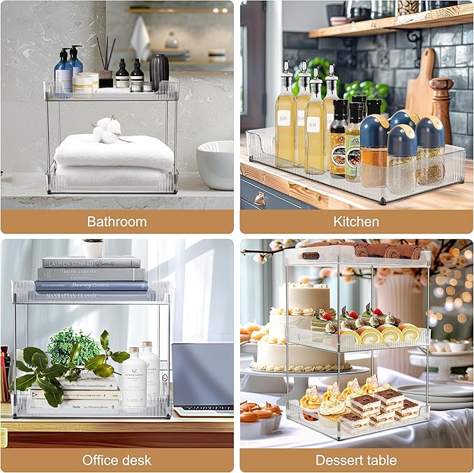 3 Tier Bathroom Counter Organizer, Multi-Purpose Cosmetics Skincare Shelf, Fits A4 Size Makeup Organizer for Office and Vanity Tray, Countertop Storage Solution for Kitchen,Bath.(Clear)
