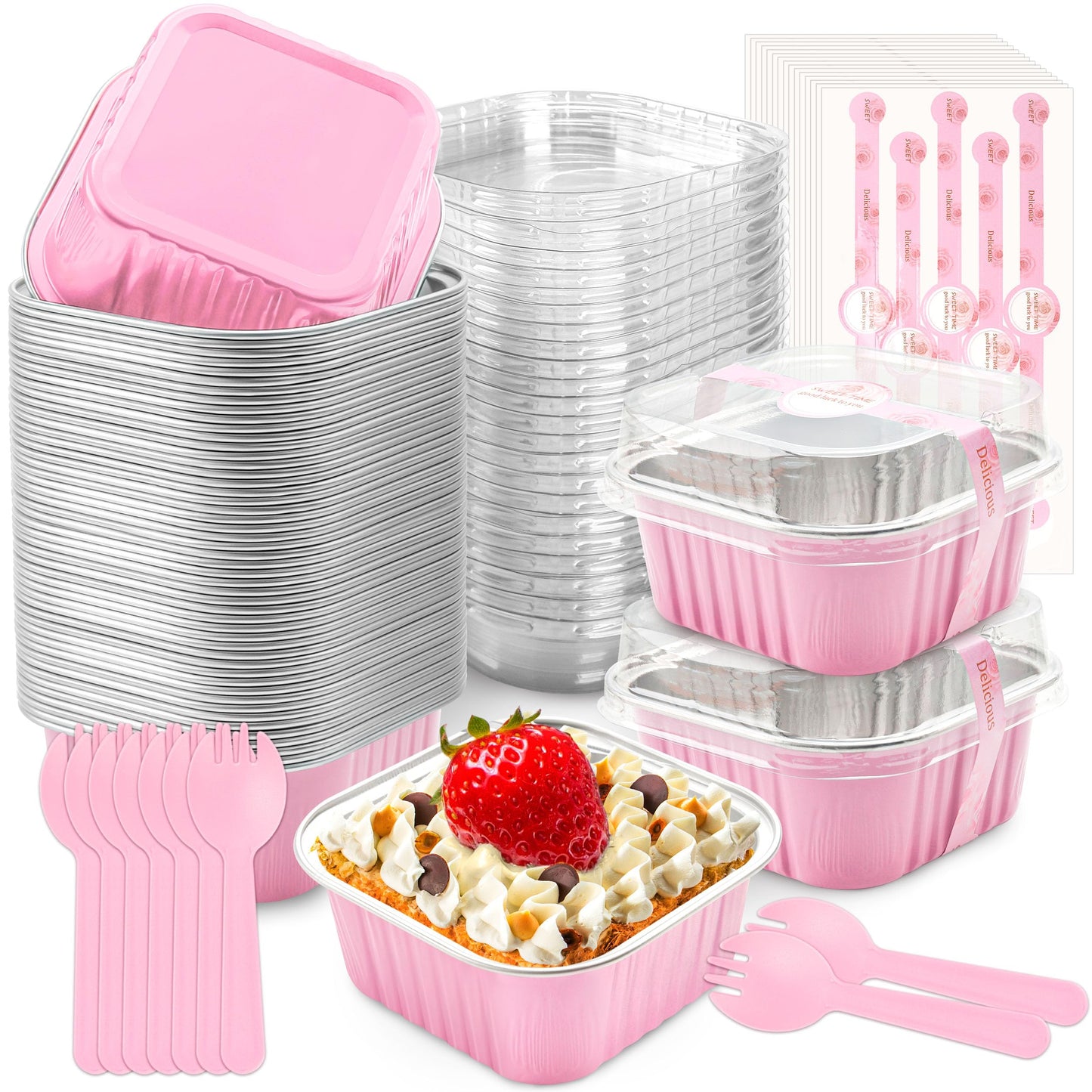 NPLUX Mini Cake Pans with Lids, 50 Pack Pink 5oz for Picnic Desserts