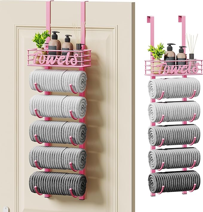 SWTYMIKI Hanging Towel Racks for Bathroom - 9 Tier Over The Door & Wall Mounted Bath Rolled Towel Storage Organizer Holder for Small Bathroom, RV, Camper (Pink, 6-Tier)