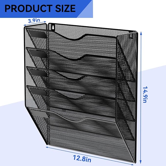 5 Pockets Mesh Hanging Wall File Holder Organizer Wall Mounted Paper Magazine Rack, Black