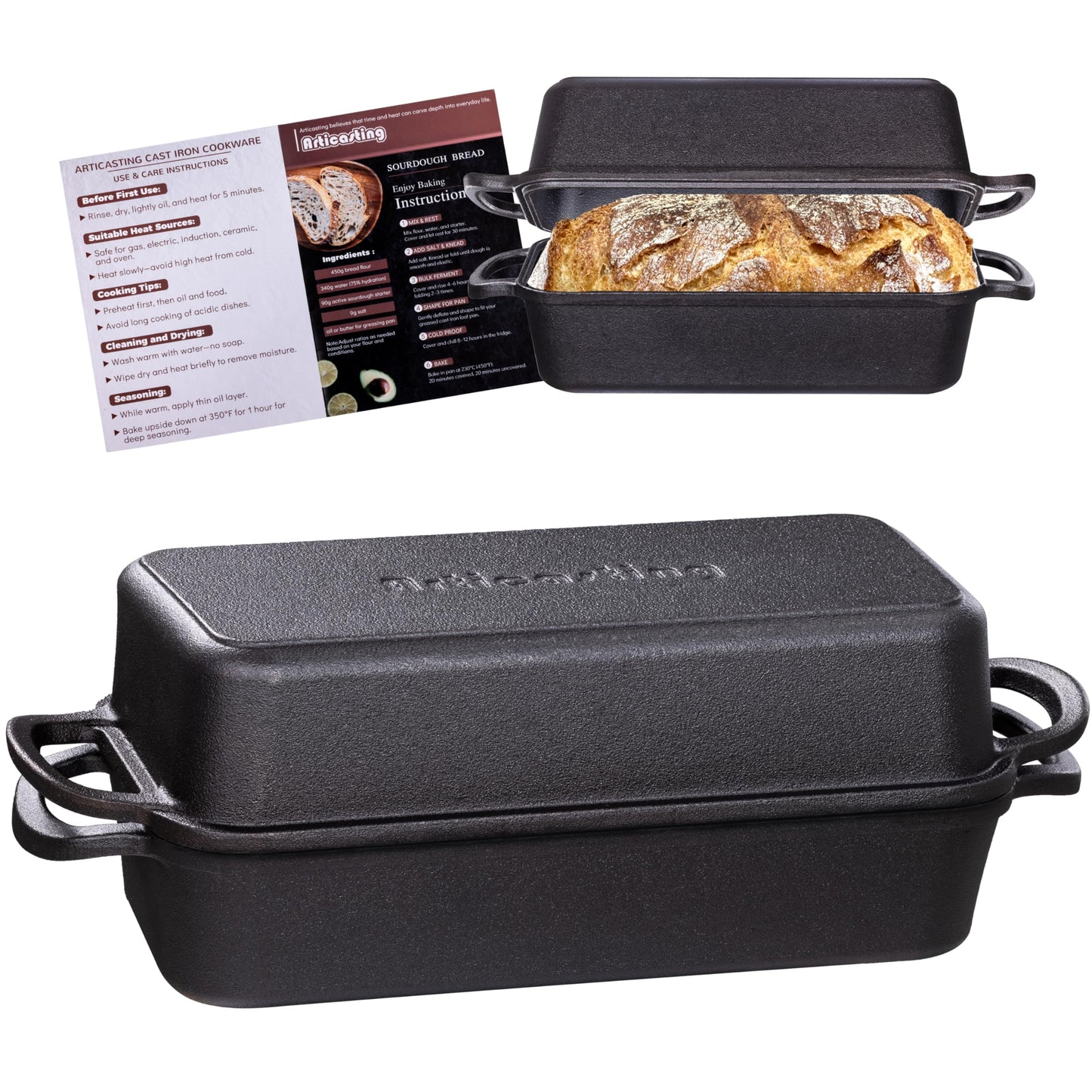 Articasting Cast Iron Loaf Pan with Lid, 11x5 Inch 5.8 Qt Pre-Seasoned Pan