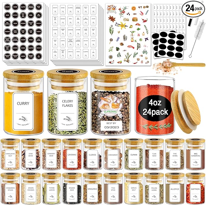 SLifeJars - Glass Jars with Bamboo Lids 16 oz, 12pcs Glass Food Storage Jars with Rewritable Labels, Bamboo Lid Jar for Kitchen Storage, Food Storage Containers with Lids for Herbs