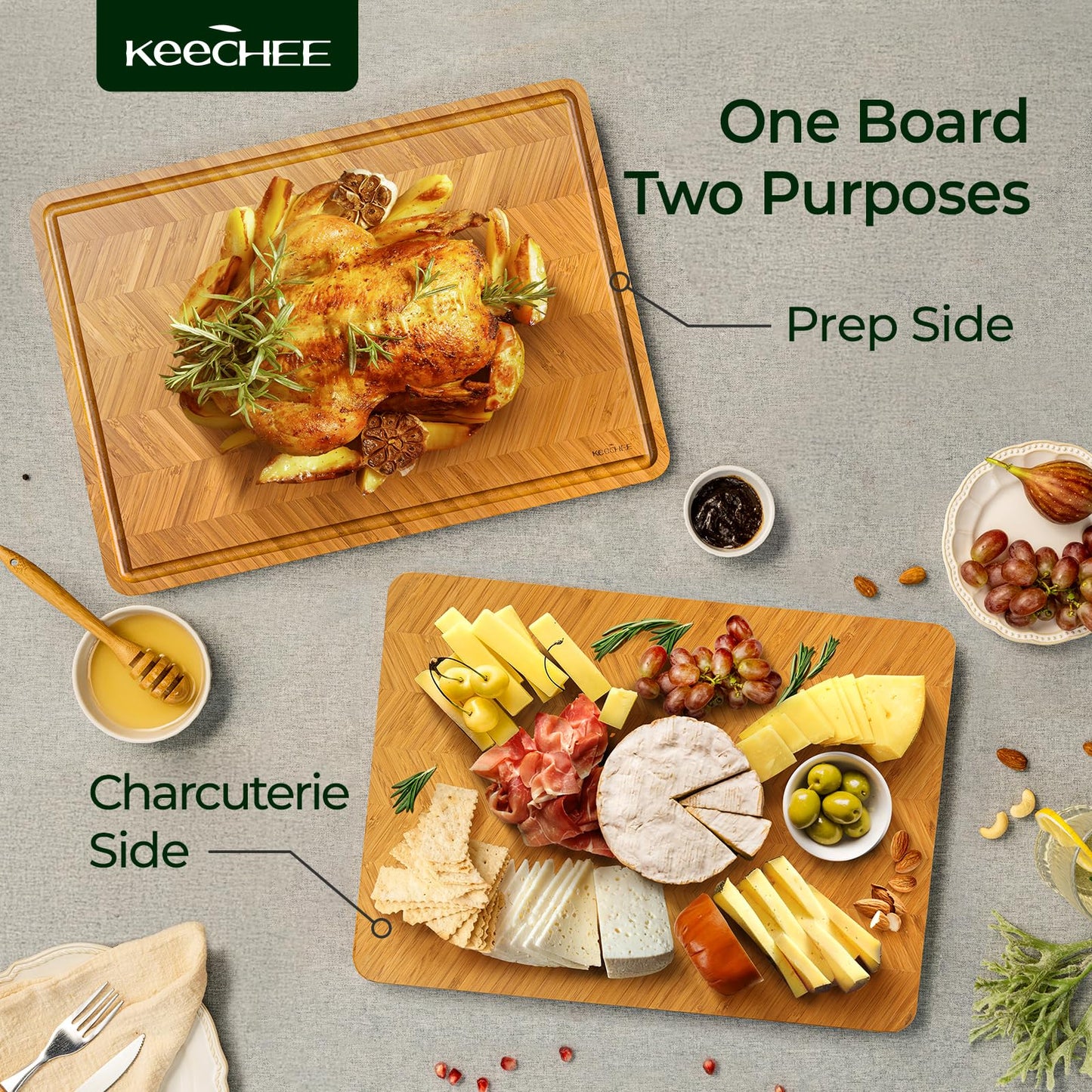 Keechee Atelier Collection Bamboo Cutting Board, Reversible Wood Chopping Boards for Kitchen with Juice Grooves, Handcrafted Large Serving Tray, Luxury Housewarming Wedding Gifts for New Home