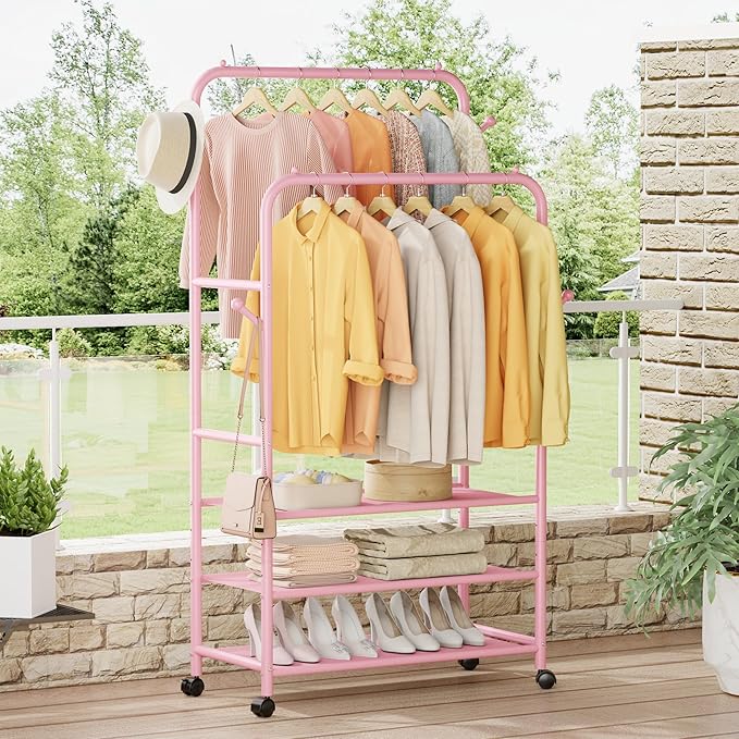 Furologee Pink Clothes Rack, Double Rods Clothing Racks for Hanging Clothes, Rolling Garment Racks with 3-Tier Shelves, Portable Rack with Wheels for Bedroom, Laundry, Living Room