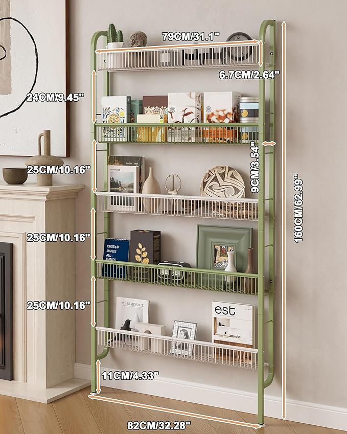 UMDONX Behind The Door Bathroom Shelf Narrow 5-Tier, Space-Saving Slim Storage Shelf Narrow Shelving Unit for Bathroom and Kitchen White
