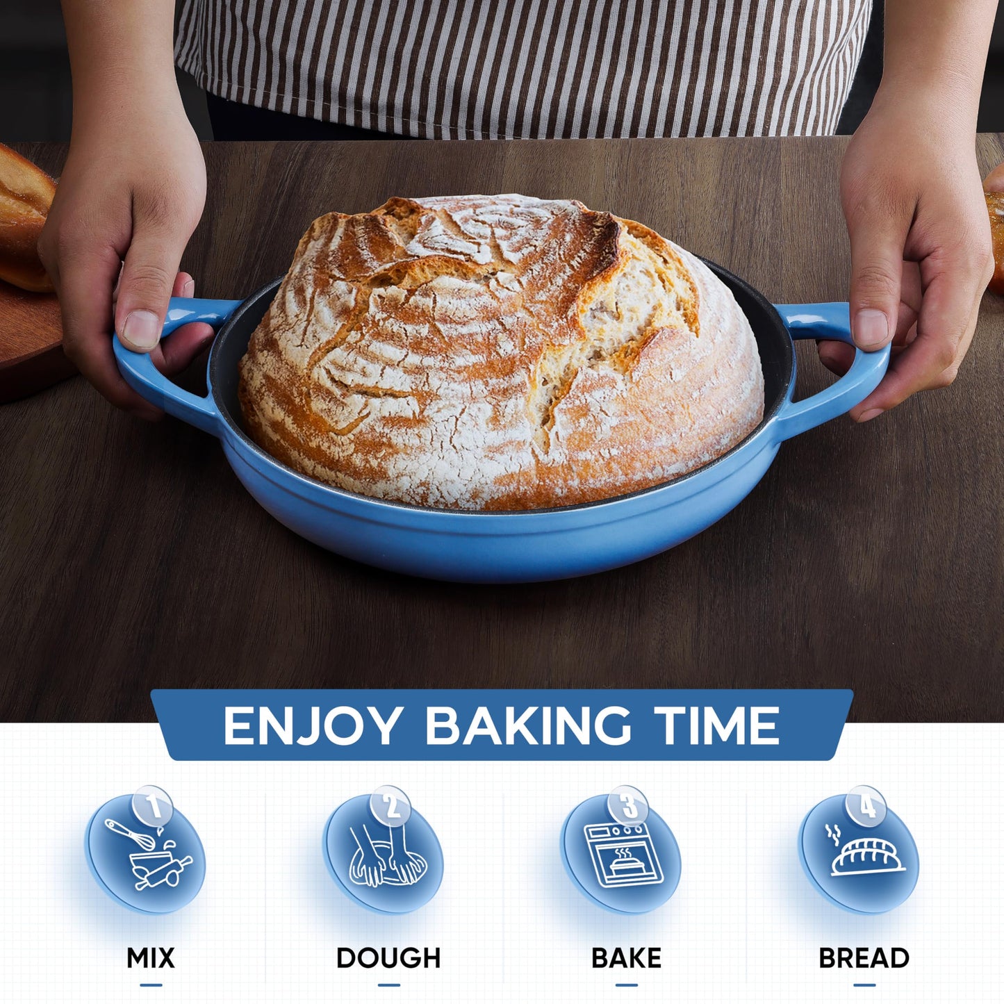 E-far Dutch Oven for Sourdough Bread Baking, 6 Qt Round Enameled Cast Iron Dutch Oven for Homemade Artisan Bread, Dome Lid & Shallow Base, Matte Black Interior & Durable, Oven-Safe to 500℉, White