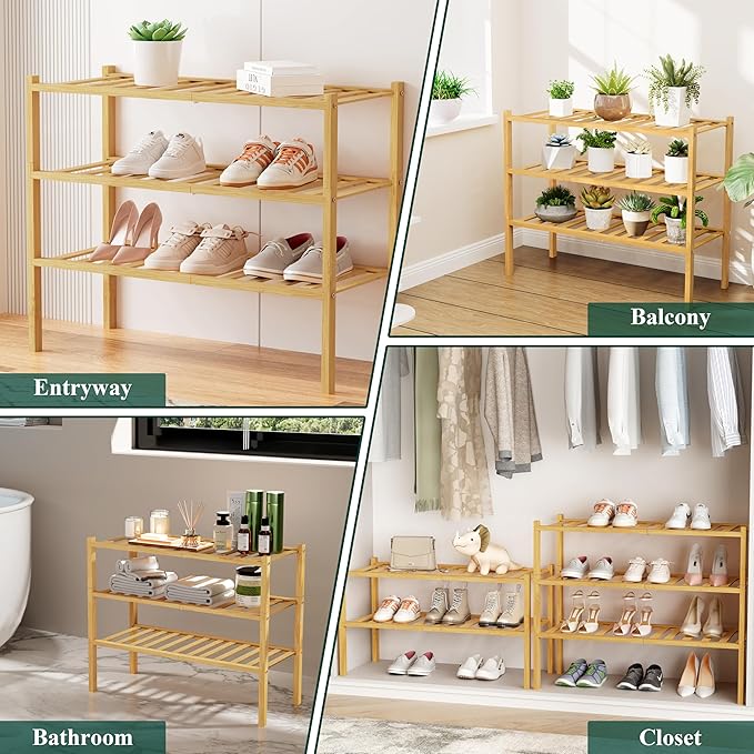 Smiry Shoe Rack, 6 Tier Small Bamboo Shoe Organizer, Stackable Free Standing Wooden Shoe Storage Shelf for Closet, Entryway, Front Door Entrance, Natural