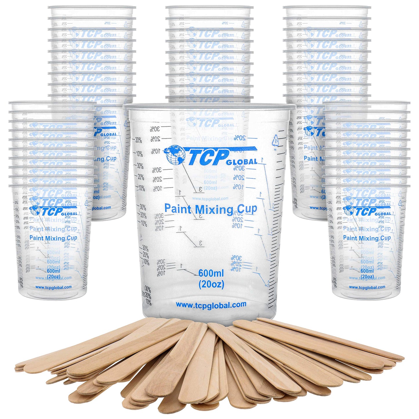 TCP Global 20 oz. (600ml) Graduated Plastic Mixing Cups - Box of 50