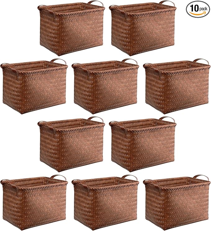BROWNLILY Handwoven Clothes Basket Laundry Hampers Large Wicker Storage Baskets for Shelves Blankets Closet Storage Bins Car Bedroom Bathroom Organizers and Storage Bath (Pack of 10, Brown)