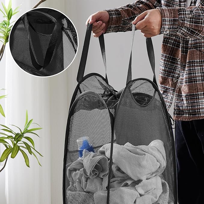 TECHMILLY Collapsible Mesh Pop Up Laundry Hamper with Sturdy Handles and Side Pocket - Portable Foldable Clothes Baskets for Dorm, Bathroom & Travel Storage (with Drawstring, Black)