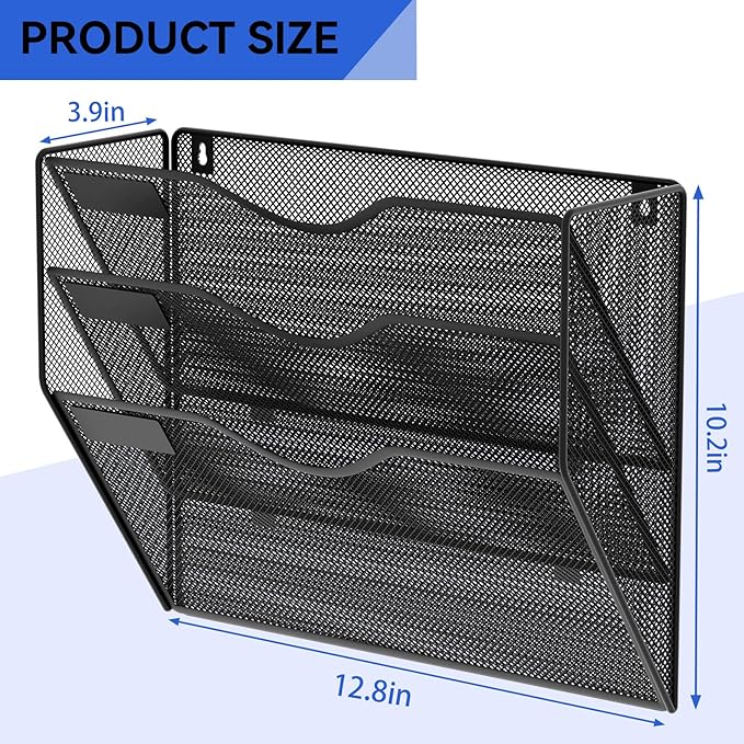 3 Pockets Hanging Wall File Organizer Mail Holder, Wall Mounted Paper Document Folder Holder, Clipboard Storage Organization Magazine Rack, Black