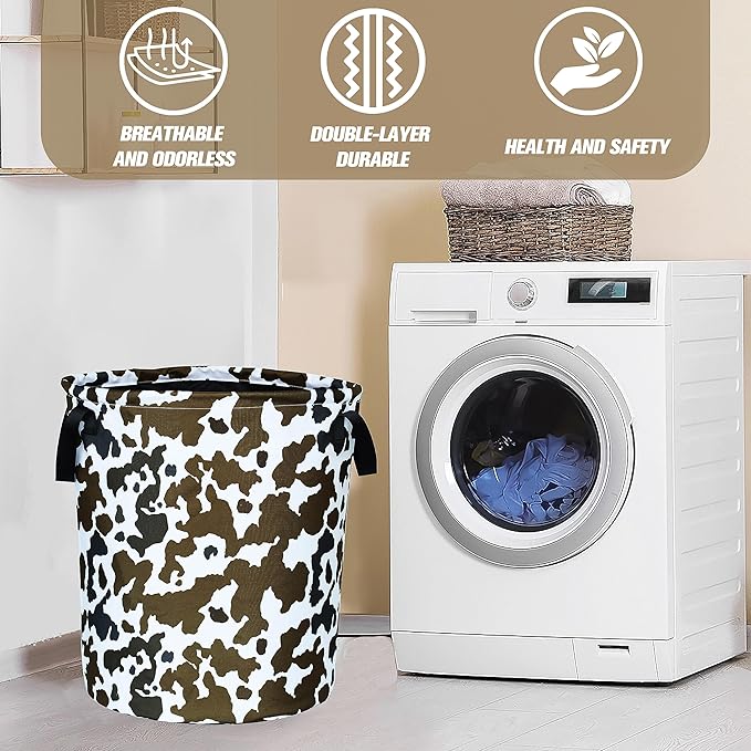 Cow Texture Laundry Basket Brown Black Print Foldable Oxford Cloth Funny Tote Bag Laundry Hamper Clothes Storage Bucket Organizer For Bathroom/Laundry Storage/Bedroom 17.7x13.7 Inch