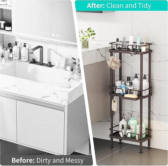 HapiRm Standing Corner Shower Caddy - 3 Tier Corner Shower Organizer with Soap Holder, Rustproof Stainless Steel Bathroom Shelf with 4 Hooks, Bronze