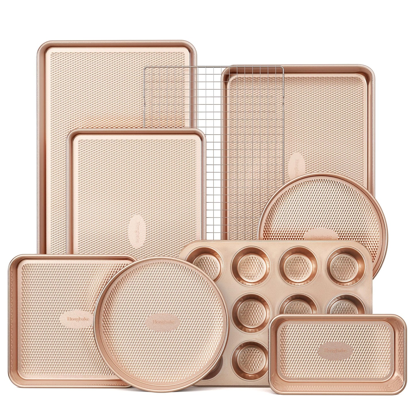 HONGBAKE 9-Piece Baking Pans Set Nonstick, Stackable Non Toxic Bakeware Sets with Diamond Texture, Oven Pan Set for Cooking, Includes Cookie Sheet with Rack, Cake Pan, Roasting Pan, Muffin Tin, Pink
