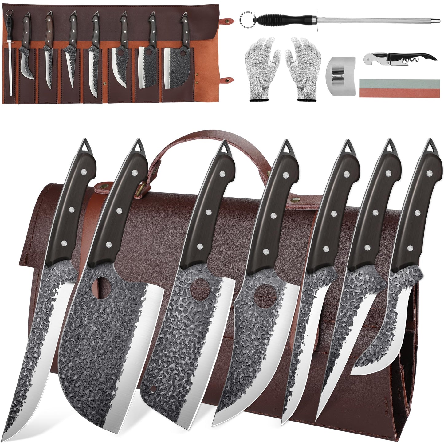 ROCOCO Butcher Cleaver Knife Set - 13PCS Serbian Chef Viking Boning Knife