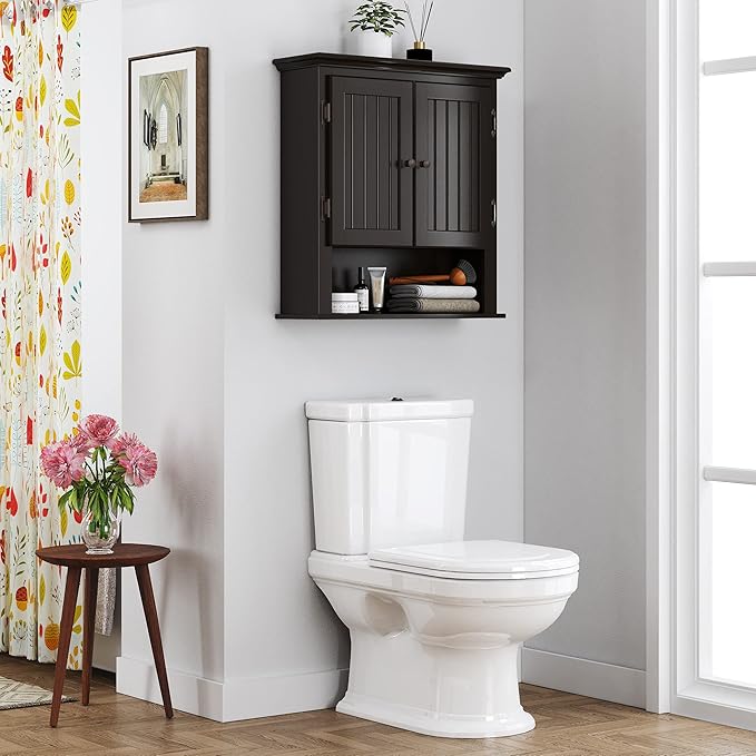 UTEX Bathroom Cabinet Wall Mounted, Wood Hanging Cabinet, Wall Cabinets with Doors and Shelves Over The Toilet, Espresso