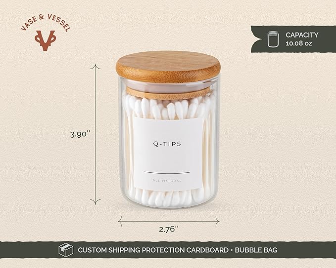 Mini Glass Apothecary Jars with Bamboo Lids, Small Bathroom and Kitchen Storage Containers, For Cotton Balls, Pads and Swabs, 10 oz, Set of 3 (Clear)