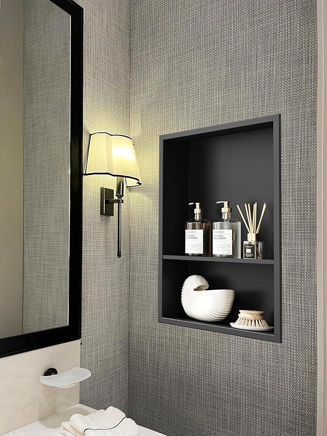 Neodrain 12X18 Inch Matte Black Double Shelf Stainless Steel Shower Niche, No Tile Needed Bathroom Organizer, Two Layer Recessed Built-in Wall Niche