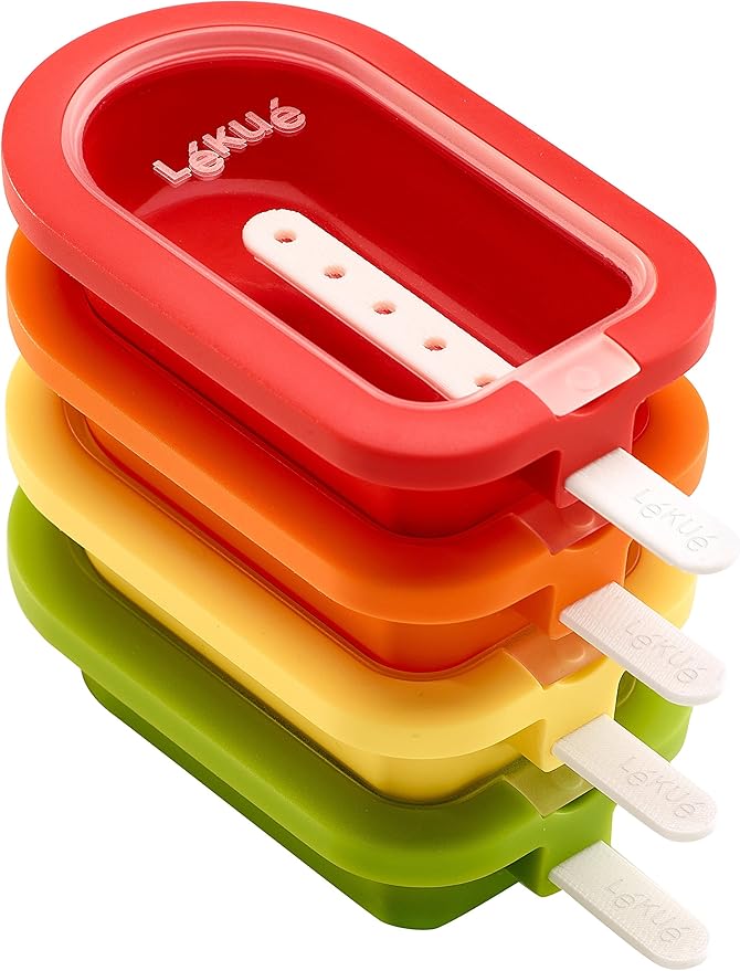 Lékué Set of 4 Iconic Popsicle & Ice Cream Molds + Sticks & Lids | Fun Shape Homemade Freezer Ice Pops | Flexible Platinum Silicone for Easy Fill & Unmold | Reusable & Dishwasher Safe| Multicolor