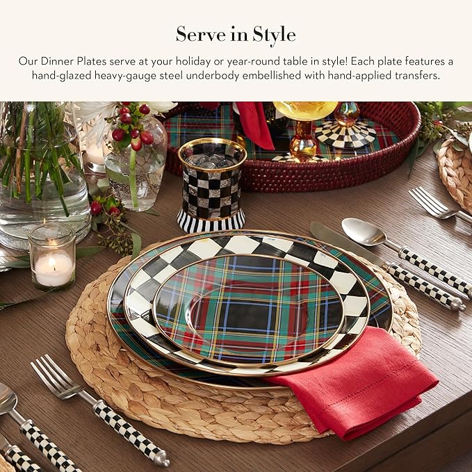 MACKENZIE-CHILDS Enamel Dinner Plate, Decorative Dinnerware Plate, 10 Inches, Set of 1, Black Tartan