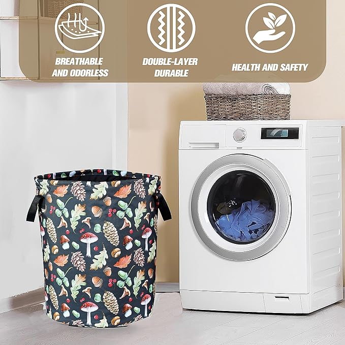 Vintage Mushrooms Laundry Basket Forest Plants Foldable Oxford Cloth Funny Tote Bag Laundry Hamper Clothes Storage Bucket Organizer For Bathroom/Laundry Storage/Bedroom 17.7x13.7 Inch