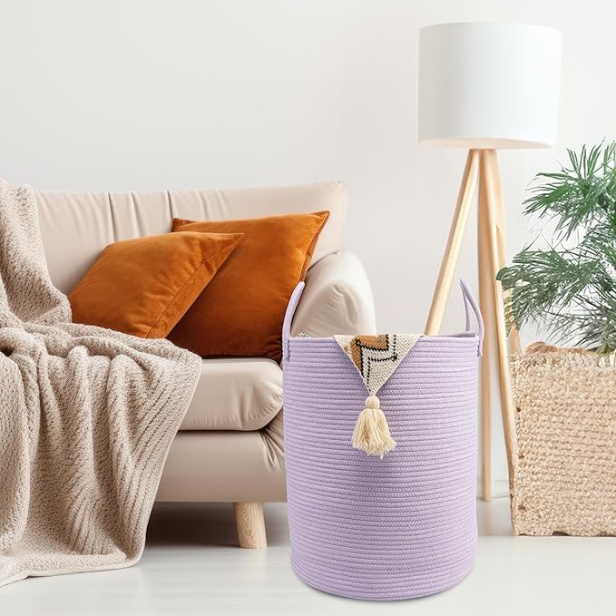 Woven Cotton Rope Laundry basket-15”X20” Laundry Hamper-Rope Storage Basket for Dirty Clothes, Toys and Blankets Perfect for Bathroom, Baby nursery and Living Room Storage (purple)