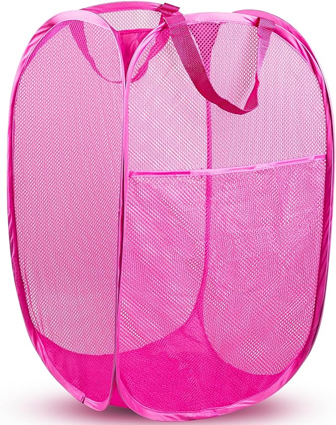DUCOO Pop Up Hamper, 1 PCS Mesh Pop Up Laundry Hamper, Foldable Mesh Laundry Basket with Space-Saving Design for Home, Dorm, Travel & Storage - Pink